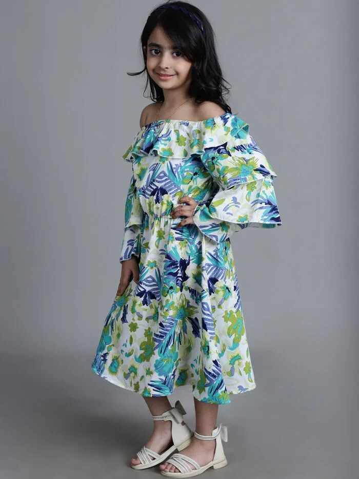 Girls Blue Floral Printed Party Wear Kids Dress