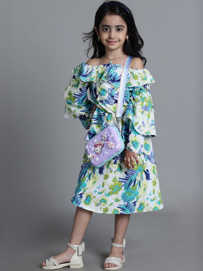 Girls Blue Floral Printed Party Wear Kids Dress