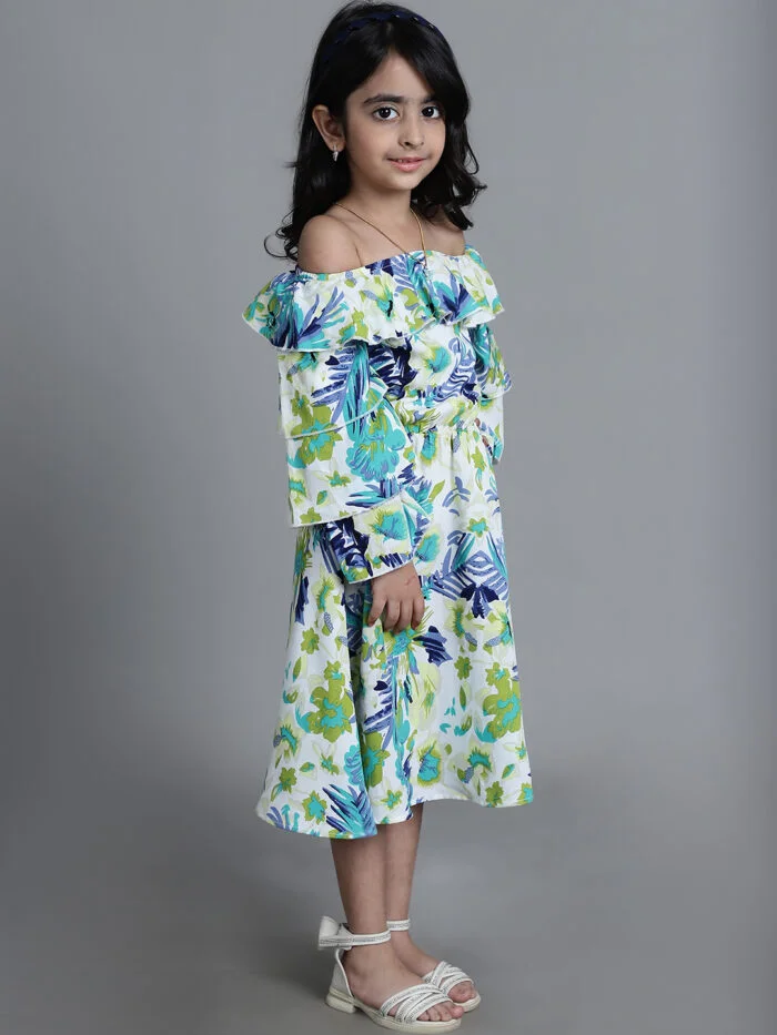 Girls Blue Floral Printed Party Wear Kids Dress