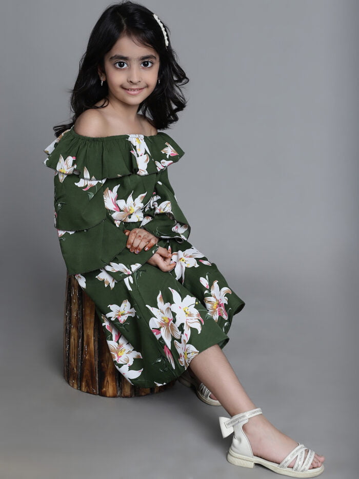 Girls Olive Floral Printed Party Wear Kids Dress