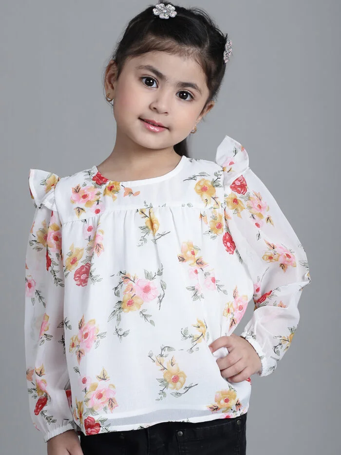 Girls Off White Floral Printed Georgette Pleated Detail Top