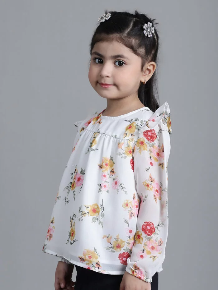 Girls Off White Floral Printed Georgette Pleated Detail Top