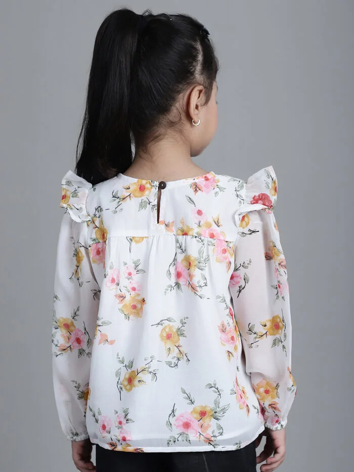 Girls Off White Floral Printed Georgette Pleated Detail Top