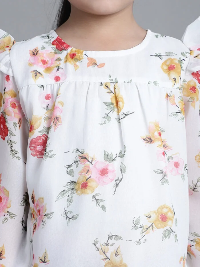 Girls Off White Floral Printed Georgette Pleated Detail Top