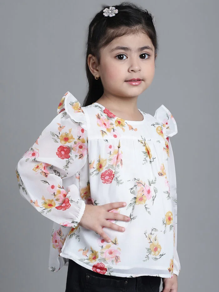 Girls Off White Floral Printed Georgette Pleated Detail Top