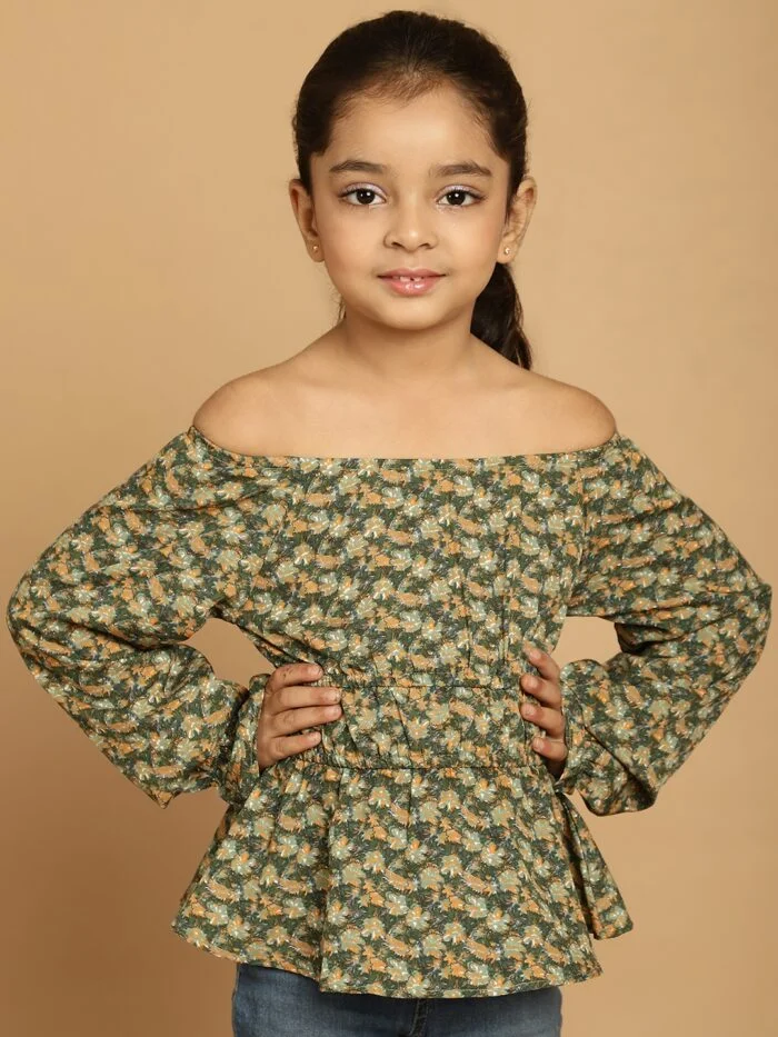 Girls Green Floral Printed Polyester Top