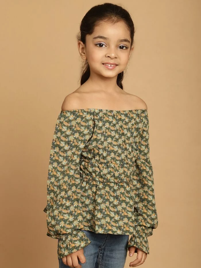 Girls Green Floral Printed Polyester Top