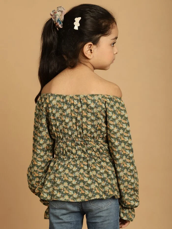 Girls Green Floral Printed Polyester Top