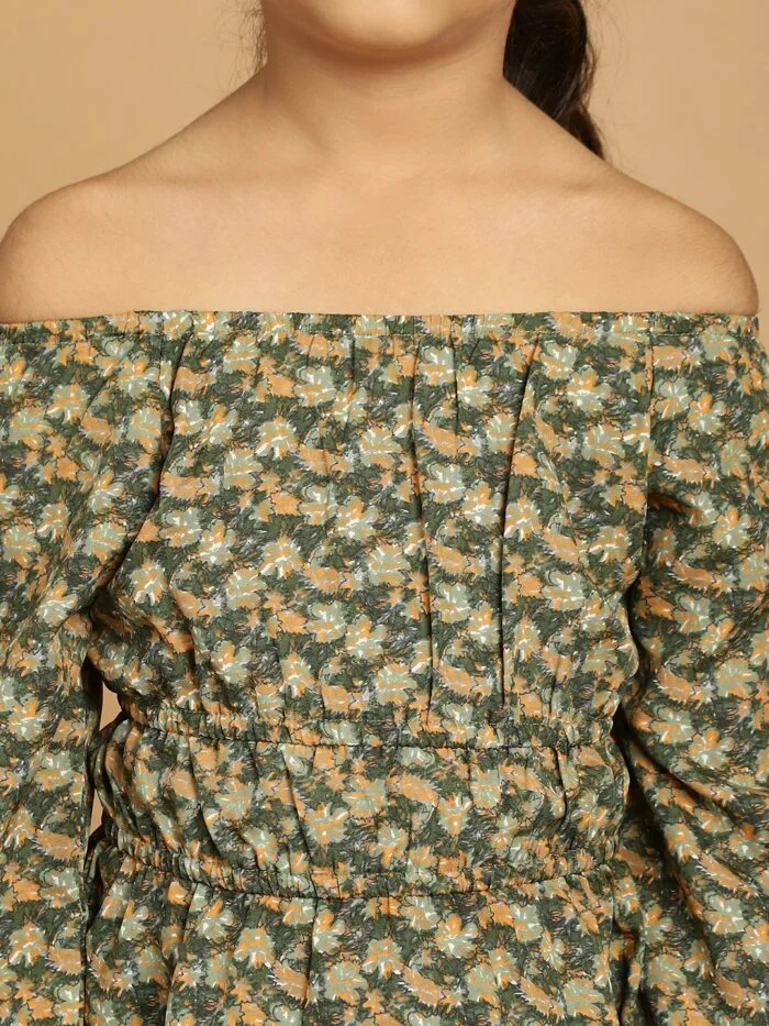 Girls Green Floral Printed Polyester Top