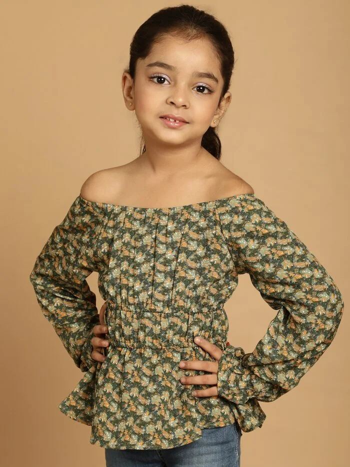 Girls Green Floral Printed Polyester Top