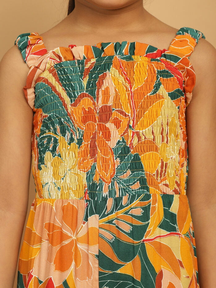 Girl Blue & Yellow Floral Printed Basic Jumpsuits