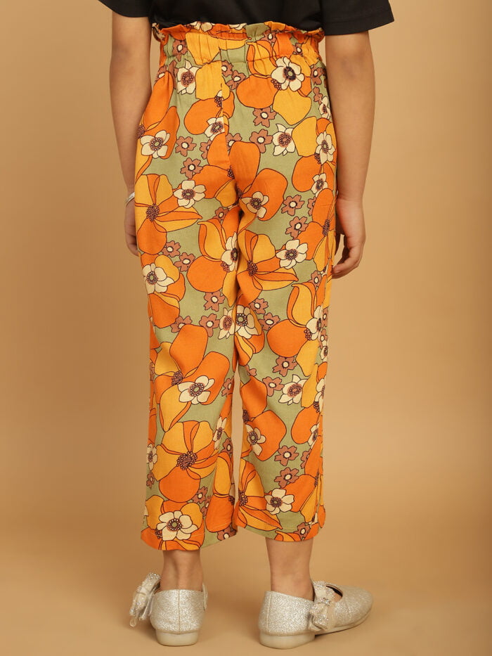 Girl Yellow Floral Printed Pleated Trouser