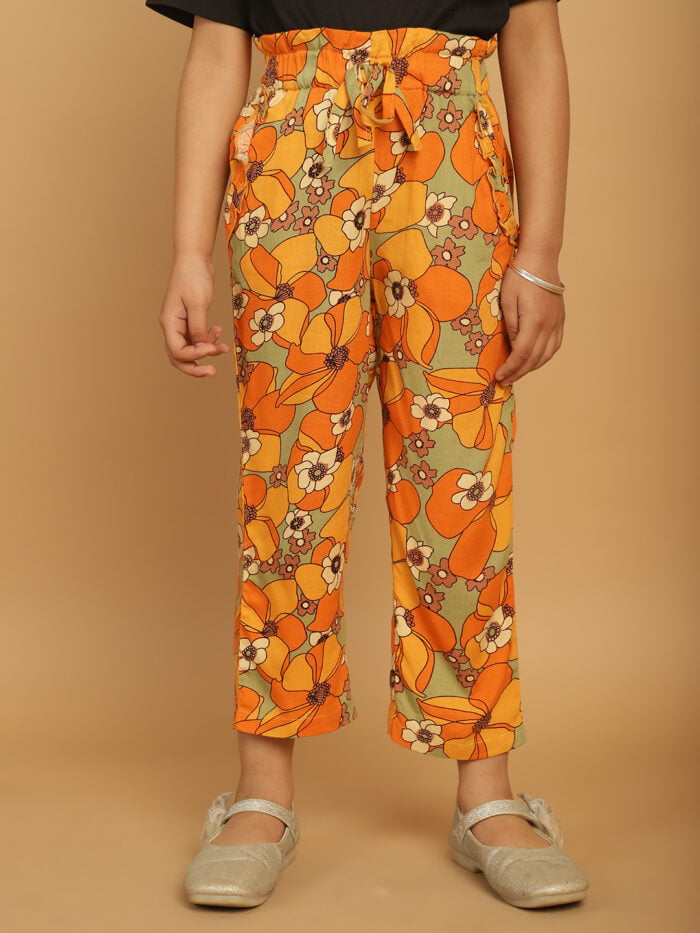 Girl Yellow Floral Printed Pleated Trouser
