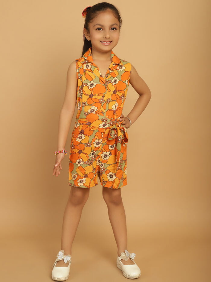 Girl Yellow Floral Printed Jumpsuit