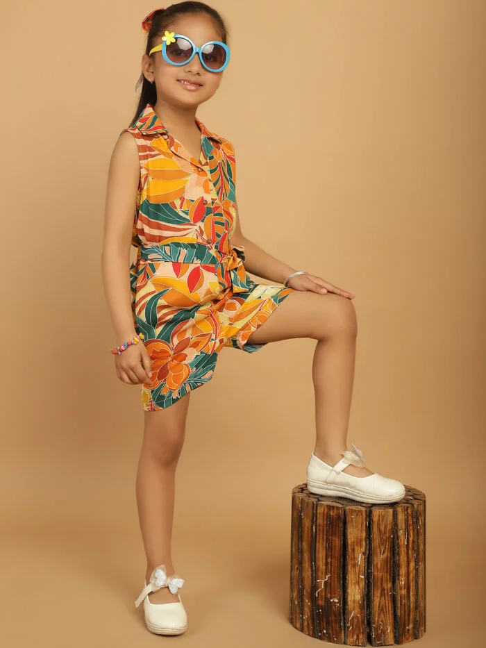 Girl Blue & Yellow Floral Printed Jumpsuit