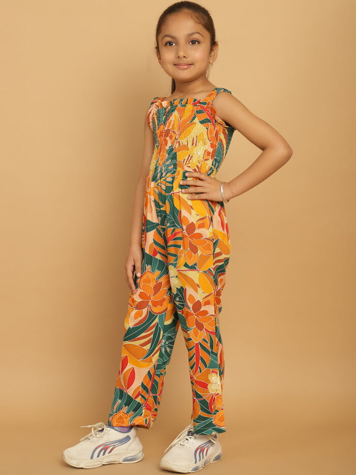 Girl Blue & Yellow Floral Printed Basic Jumpsuits