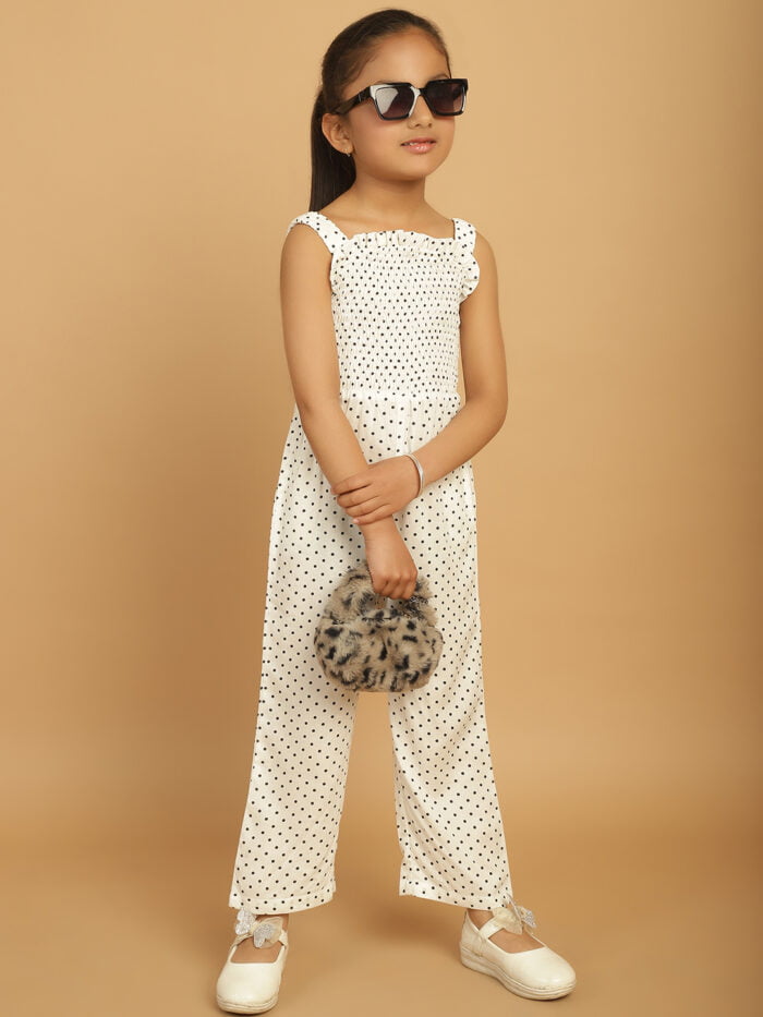 Girl White Dot Printed Basic Jumpsuits