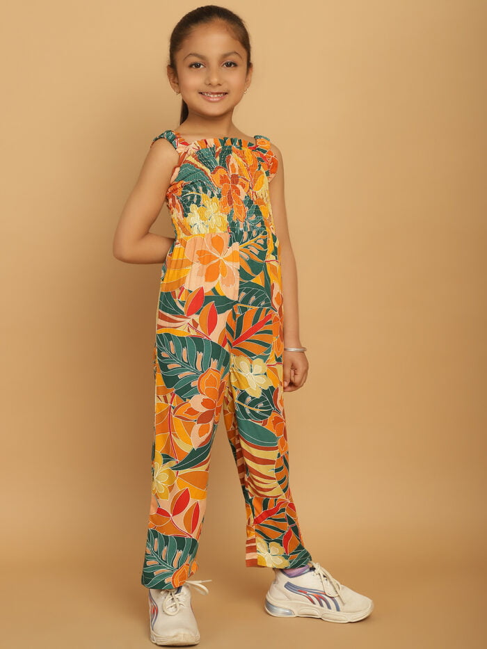 Girl Blue & Yellow Floral Printed Basic Jumpsuits