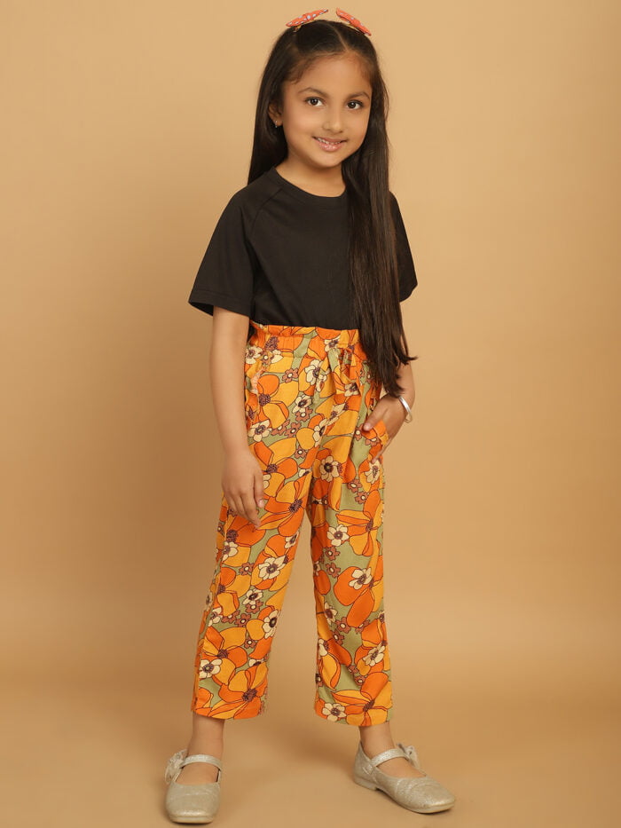 Girl Yellow Floral Printed Pleated Trouser