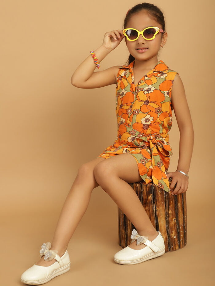 Girl Yellow Floral Printed Jumpsuit