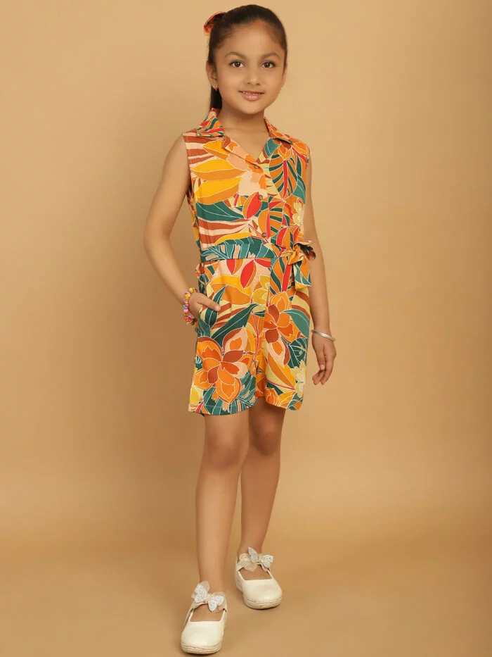 Girl Blue & Yellow Floral Printed Jumpsuit
