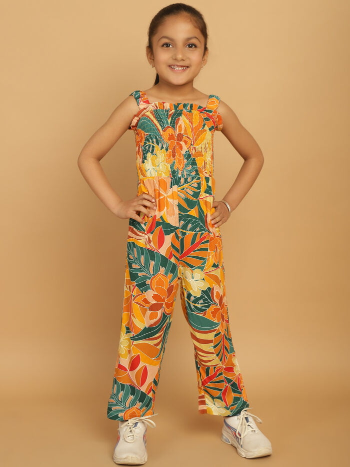 Girl Blue & Yellow Floral Printed Basic Jumpsuits