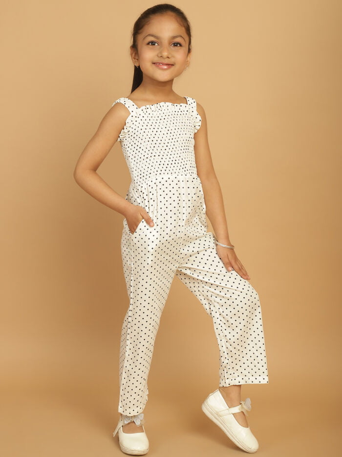 Girl White Dot Printed Basic Jumpsuits