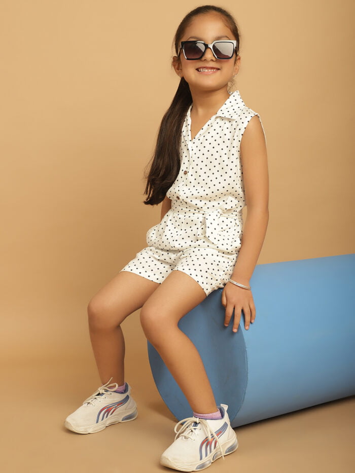 Girl White Dot Printed Jumpsuit