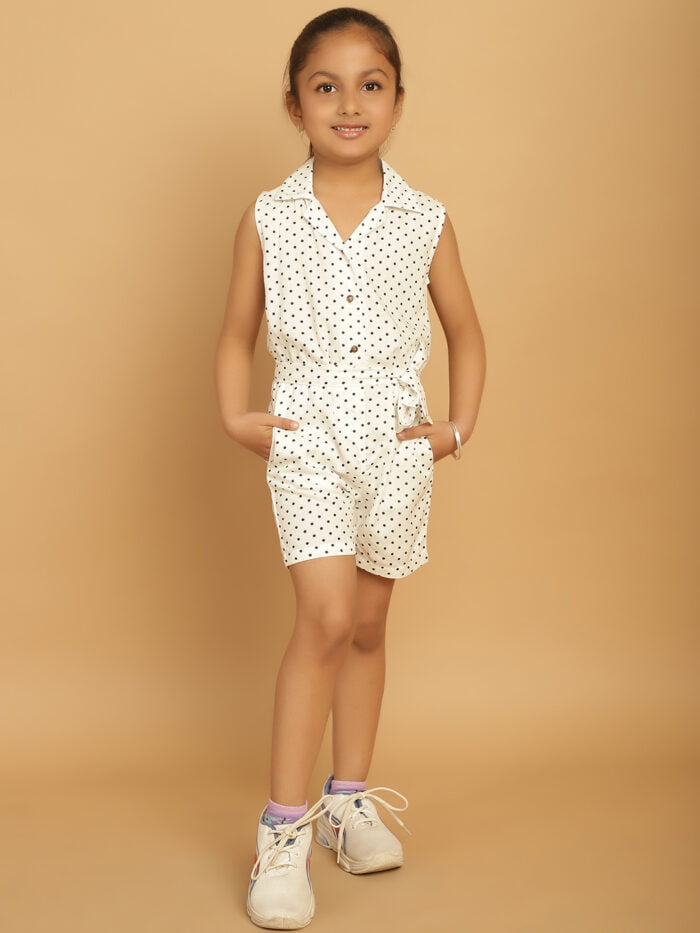 Girl White Dot Printed Jumpsuit