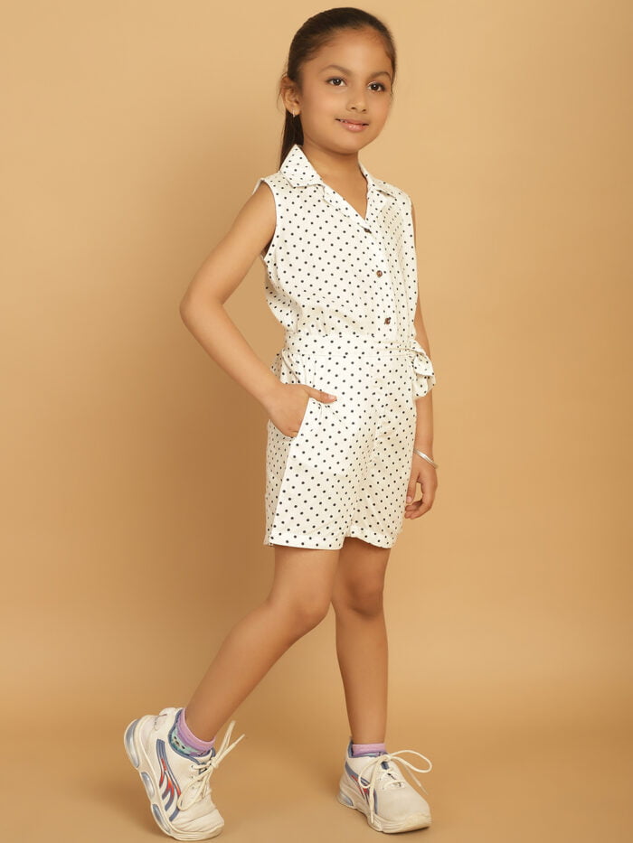 Girl White Dot Printed Jumpsuit