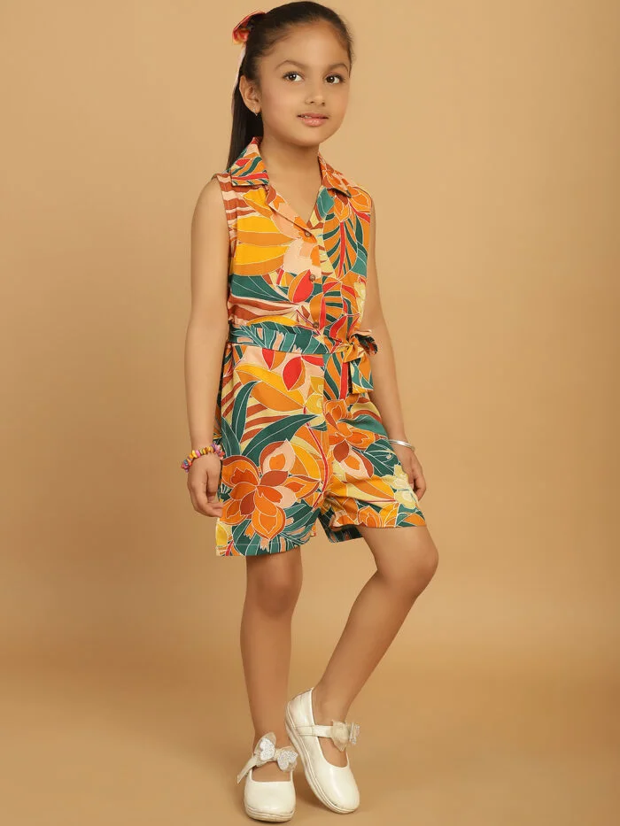 Girl Blue & Yellow Floral Printed Jumpsuit