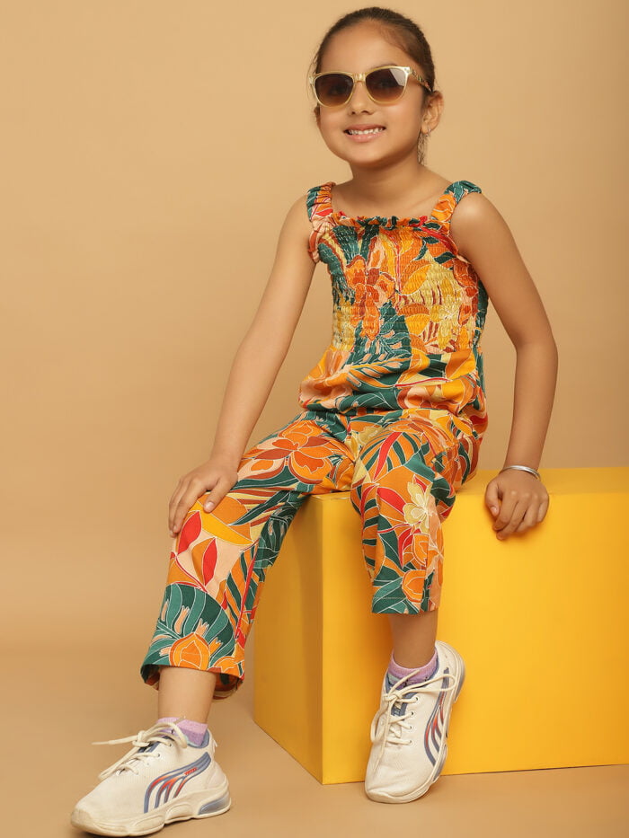 Girl Blue & Yellow Floral Printed Basic Jumpsuits