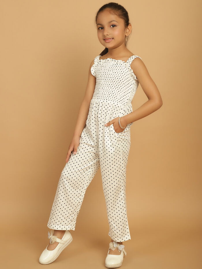 Girl White Dot Printed Basic Jumpsuits