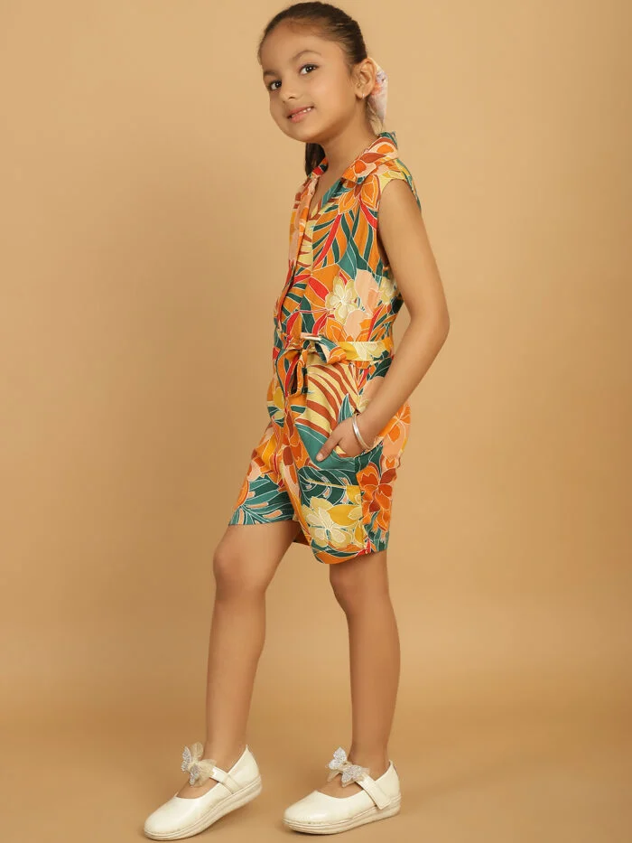 Girl Blue & Yellow Floral Printed Jumpsuit