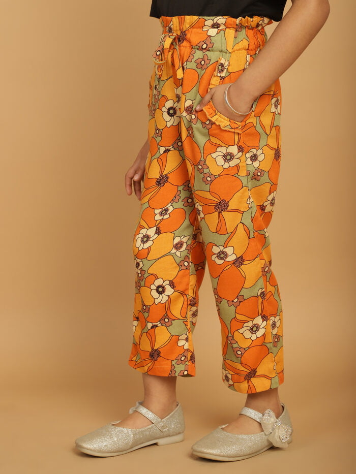 Girl Yellow Floral Printed Pleated Trouser