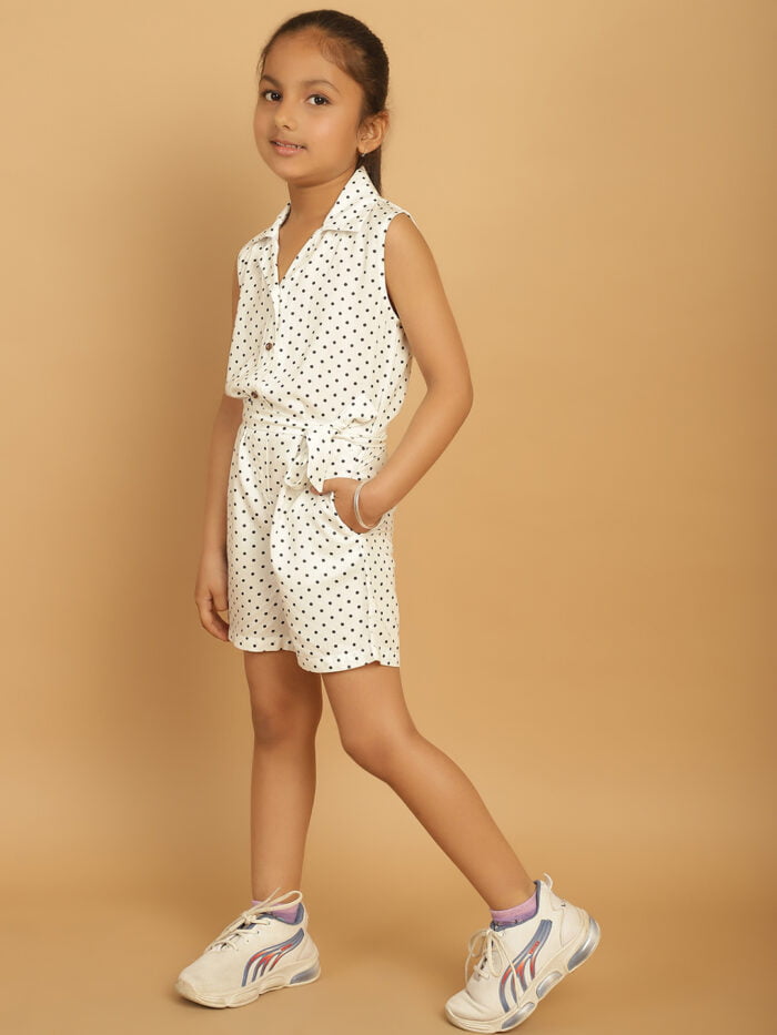Girl White Dot Printed Jumpsuit