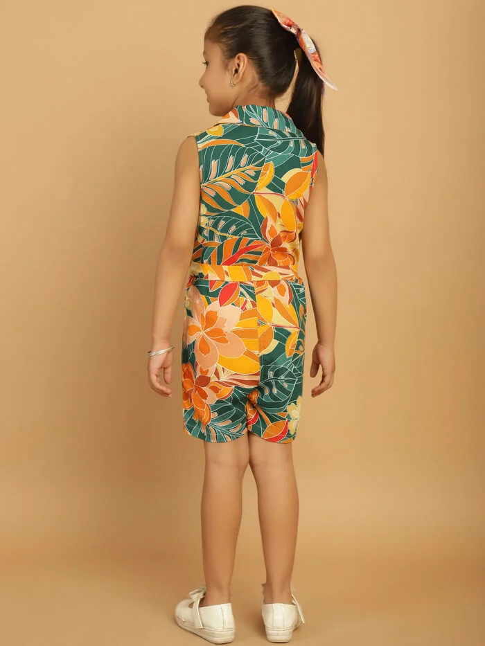 Girl Blue & Yellow Floral Printed Jumpsuit
