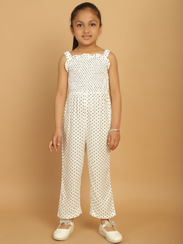 Girl White Dot Printed Basic Jumpsuits