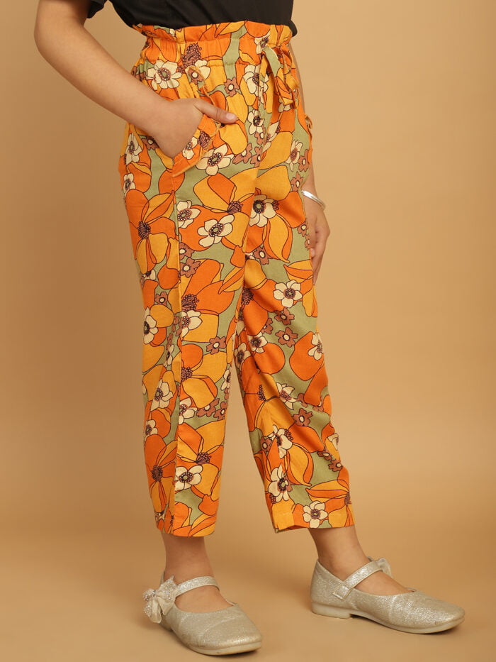 Girl Yellow Floral Printed Pleated Trouser