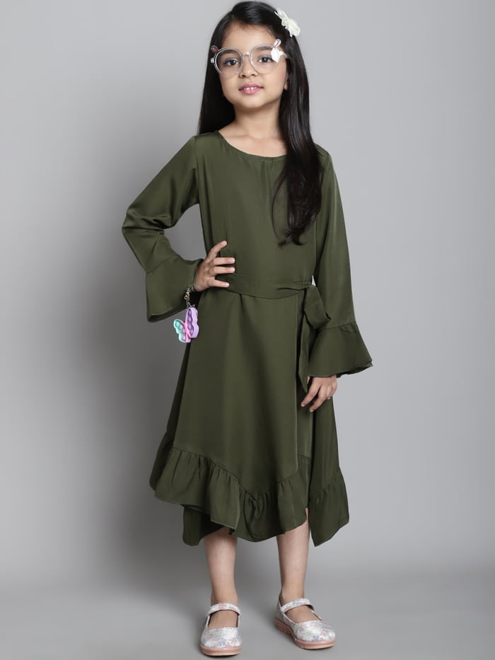 Girl Olive Solid Color Bell Sleeves Midi Kids Dress