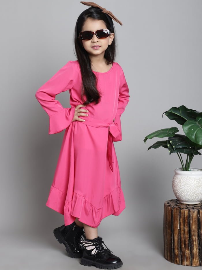 Girl Pink Solid Color Bell Sleeves Midi Kids Dress