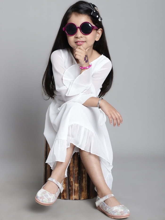 Girl White Solid Color Bell Sleeves Midi Kids Dress