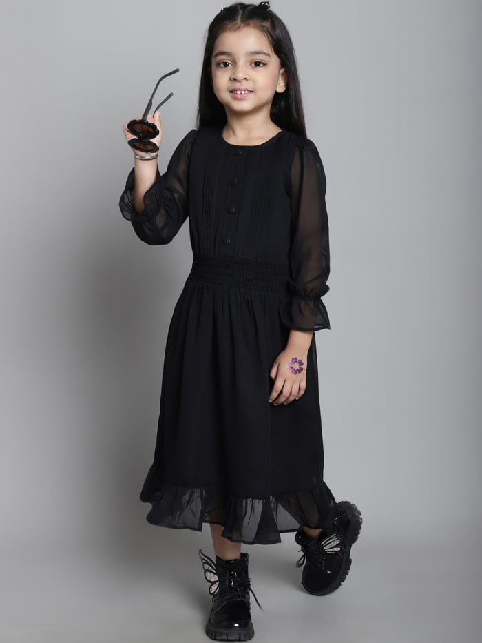 Girl Black Solid Color Pleated Kids Dress