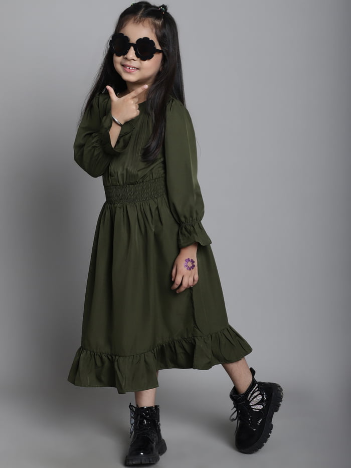 Girl Olive Solid Color Pleated Kids Dress