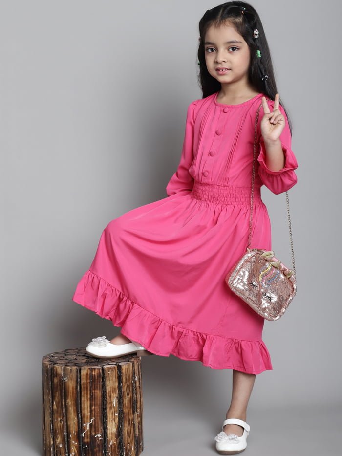 Girl Pink Solid Color Pleated Kids Dress