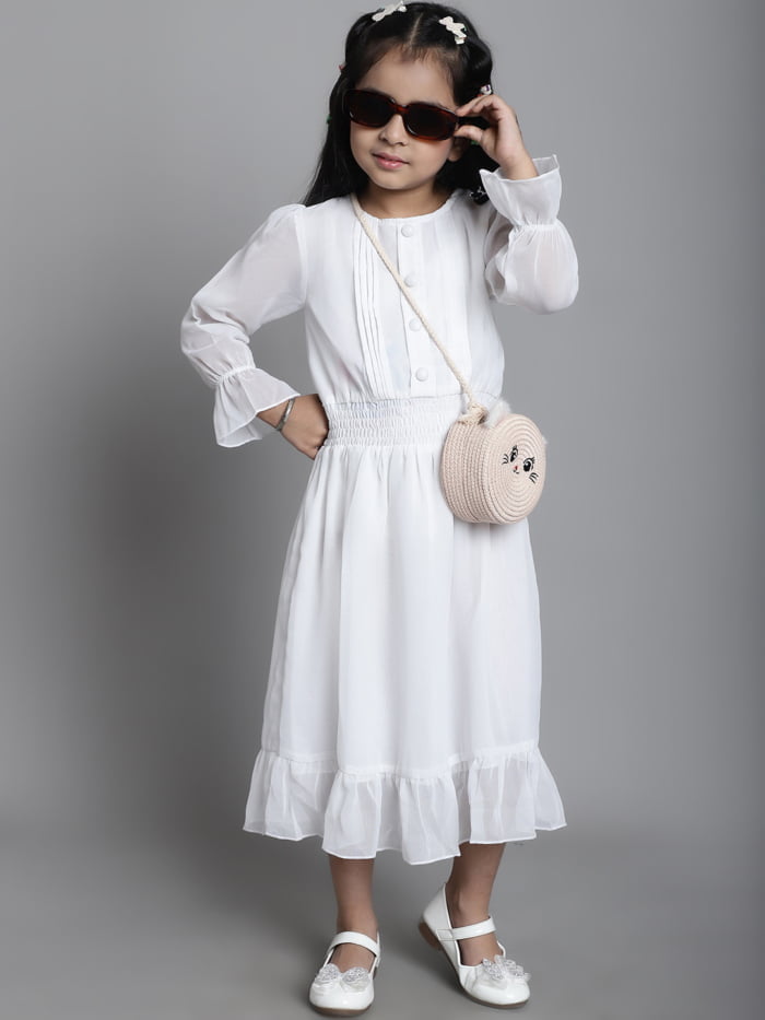 Girl White Solid Color Pleated Kids Dress