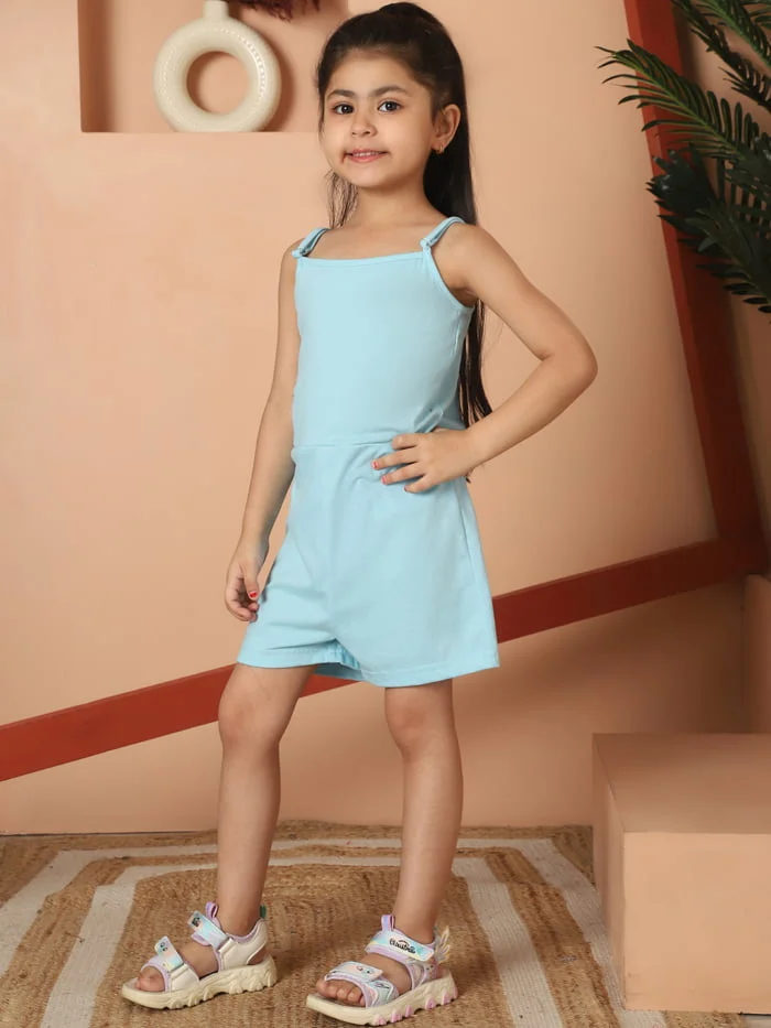 Girl Sea Green Solid Color Cotton Knitted Jumpsuit