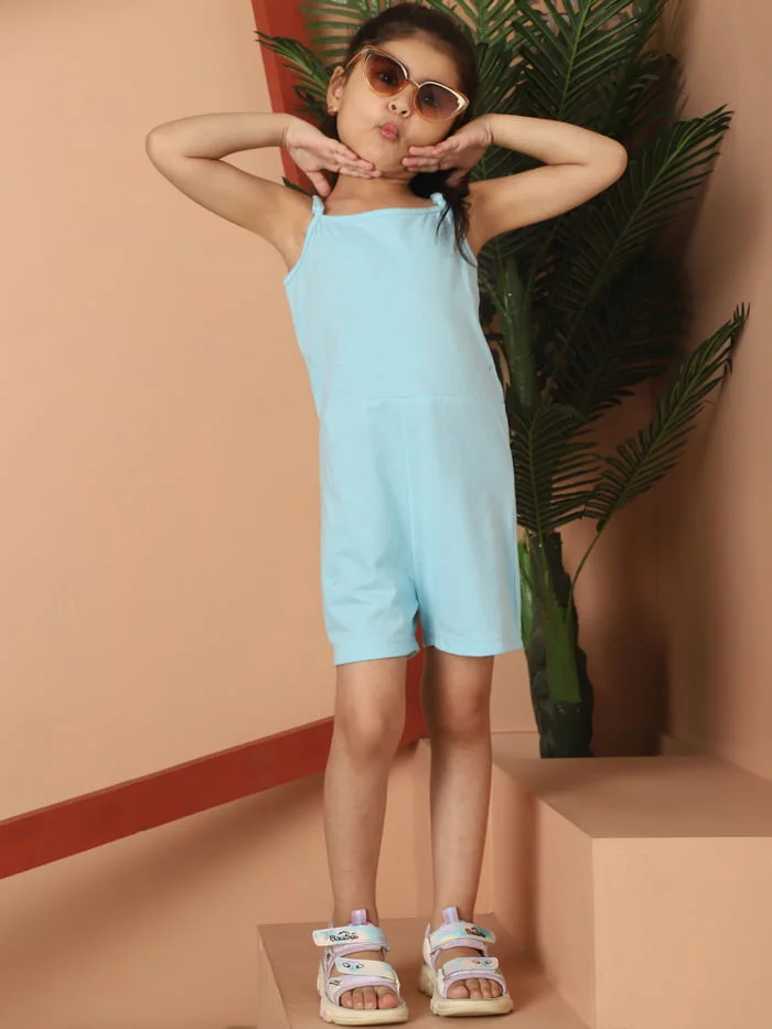 Girl Sea Green Solid Color Cotton Knitted Jumpsuit