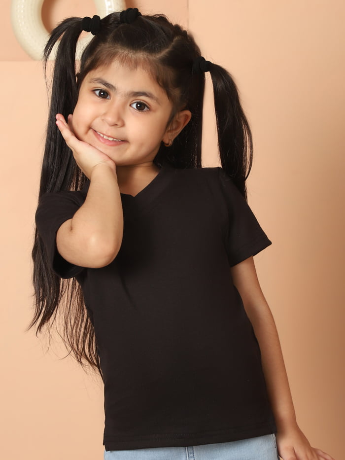 Girl Black Solid Color Cotton Knitted V-Neck T-shirt
