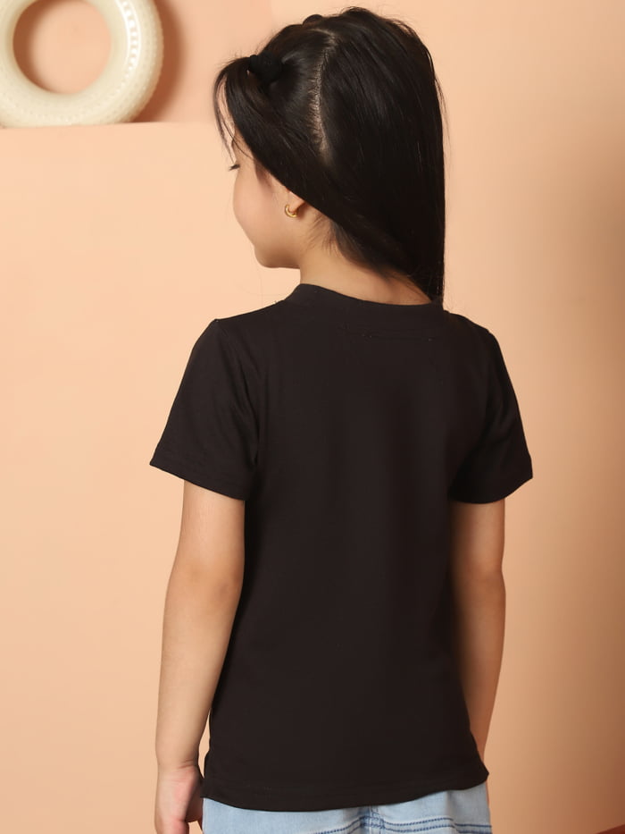 Girl Black Solid Color Cotton Knitted V-Neck T-shirt